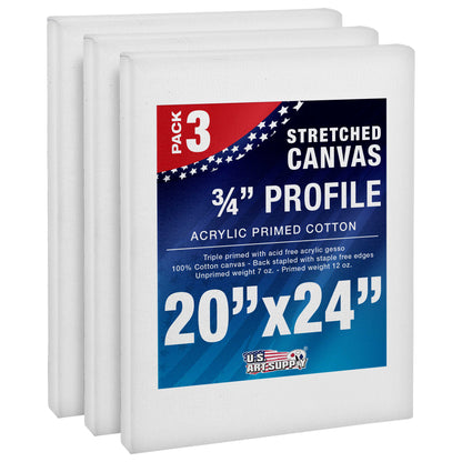 20 x 24 inch Stretched Canvas 12-Ounce Triple Primed, 3-Pack - Professional Artist Quality White Blank 3/4" Profile, 100% Cotton, Heavy-Weight Gesso