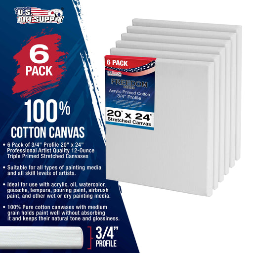 20 x 24 inch Stretched Canvas 12-Ounce Triple Primed, 6-Pack - Professional Artist Quality White Blank 3/4" Profile, 100% Cotton, Heavy-Weight Gesso