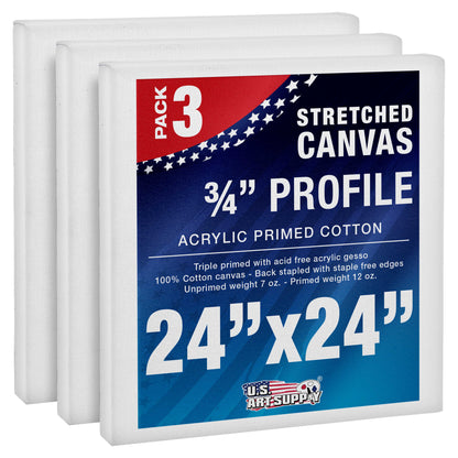 24 x 24 inch Stretched Canvas 12-Ounce Triple Primed, 3-Pack - Professional Artist Quality White Blank 3/4" Profile, 100% Cotton, Heavy-Weight Gesso