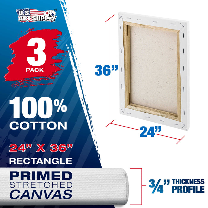 24 x 36 inch Stretched Canvas 12-Ounce Triple Primed, 3-Pack - Professional Artist Quality White Blank 3/4" Profile, 100% Cotton, Heavy-Weight Gesso