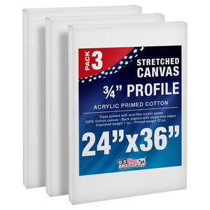 24 x 36 inch Stretched Canvas 12-Ounce Triple Primed, 3-Pack - Professional Artist Quality White Blank 3/4" Profile, 100% Cotton, Heavy-Weight Gesso
