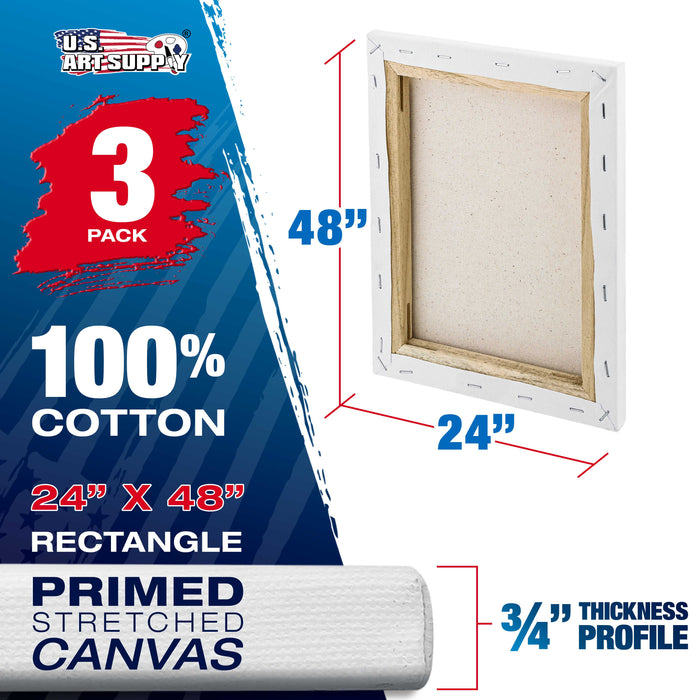 24 x 48 inch Stretched Canvas 12-Ounce Triple Primed, 3-Pack - Professional Artist Quality White Blank 3/4" Profile, 100% Cotton, Heavy-Weight Gesso
