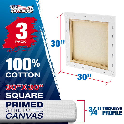 30 x 30 inch Stretched Canvas 12-Ounce Triple Primed, 3-Pack - Professional Artist Quality White Blank 3/4" Profile, 100% Cotton, Heavy-Weight Gesso