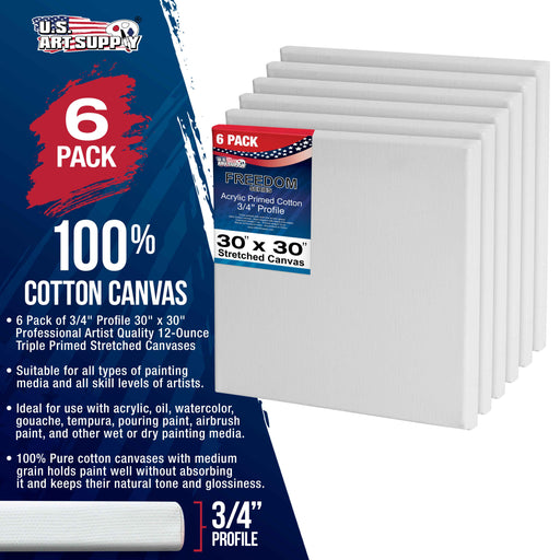 30 x 30 inch Stretched Canvas 12-Ounce Triple Primed, 6-Pack - Professional Artist Quality White Blank 3/4" Profile, 100% Cotton, Heavy-Weight Gesso