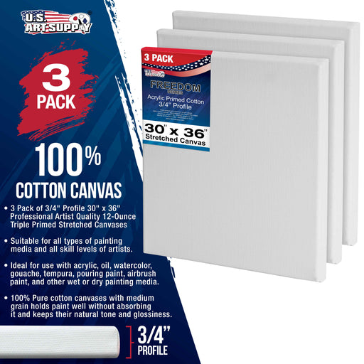 30 x 36 inch Stretched Canvas 12-Ounce Triple Primed, 3-Pack - Professional Artist Quality White Blank 3/4" Profile, 100% Cotton, Heavy-Weight Gesso