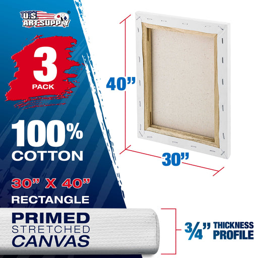 30 x 40 inch Stretched Canvas 12-Ounce Triple Primed, 3-Pack - Professional Artist Quality White Blank 3/4" Profile, 100% Cotton, Heavy-Weight Gesso