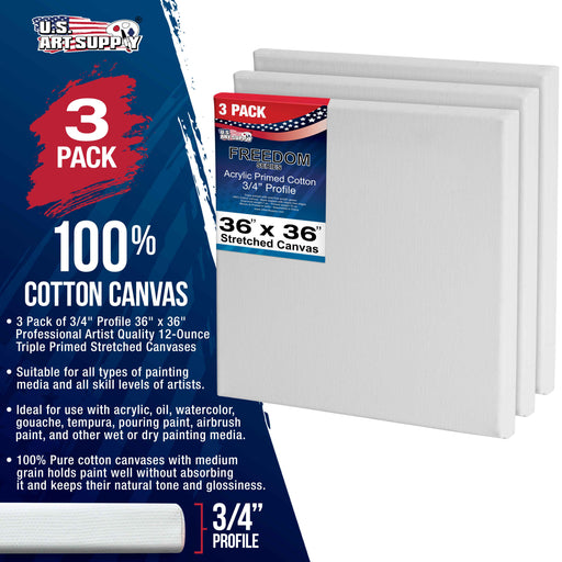36 x 36 inch Stretched Canvas 12-Ounce Triple Primed, 3-Pack - Professional Artist Quality White Blank 3/4" Profile, 100% Cotton, Heavy-Weight Gesso