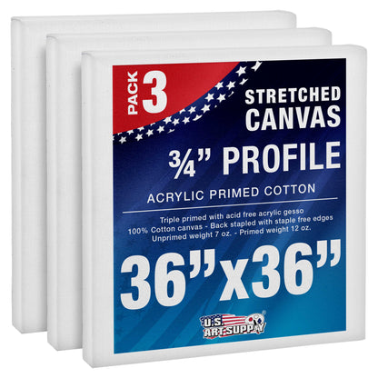 36 x 36 inch Stretched Canvas 12-Ounce Triple Primed, 3-Pack - Professional Artist Quality White Blank 3/4" Profile, 100% Cotton, Heavy-Weight Gesso