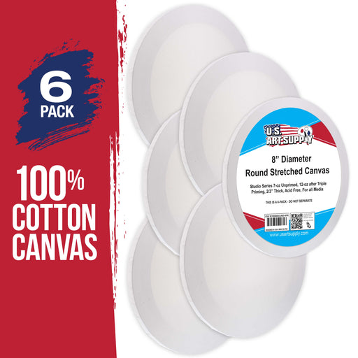 8 Inch Diameter Round 12 Ounce Primed Gesso Professional Quality Acid-Free Stretched Canvas (Pack of 6)