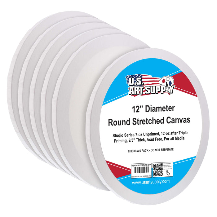 12 Inch Diameter Round 12 Ounce Primed Gesso Professional Quality Acid-Free Stretched Canvas (Pack of 6)