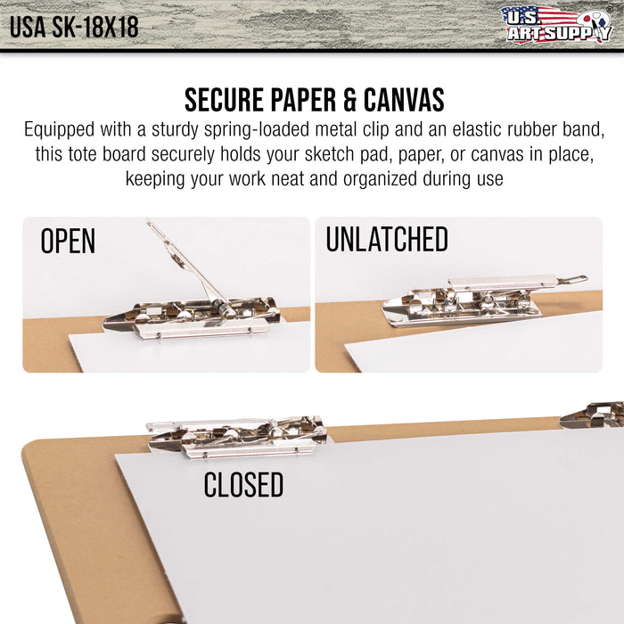 18" x 18" Artist Sketch Tote Board - Lightweight Hardboard Drawing Board with Handle, Clip & Rubber Band for Art, Sketching, Travel, Studio