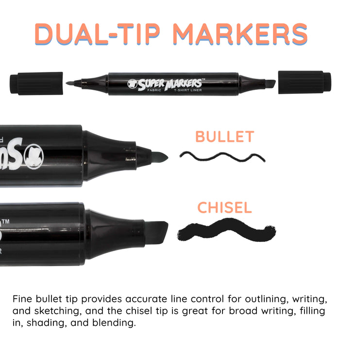 Super Markers Black Dual Tip Fabric Markers Permanent for Clothes - Set of 6 Fabric Pens with Permanent Ink, Double-Ended with Chisel Point and Fine Point Tips