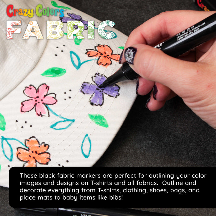 U.S. Art Supply Super Markers Black Dual Tip Fabric Markers Permanent for Clothes - Set of 6 Fabric Pens with Permanent Ink, Double-Ended with Chisel Point and Fine Point Tips