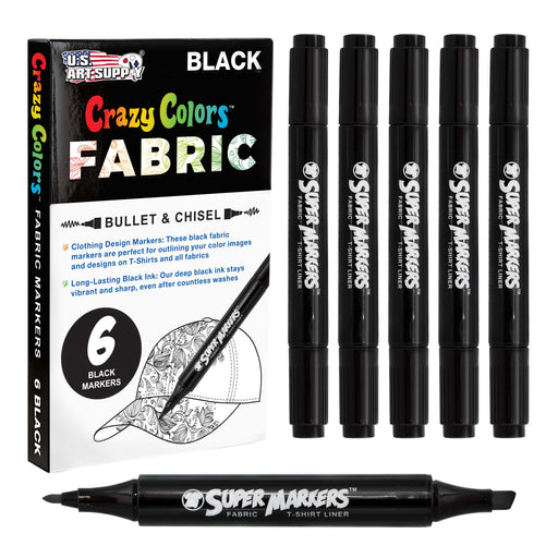 Super Markers Black Dual Tip Fabric Markers Permanent for Clothes - Set of 6 Fabric Pens with Permanent Ink, Double-Ended with Chisel Point and Fine Point Tips