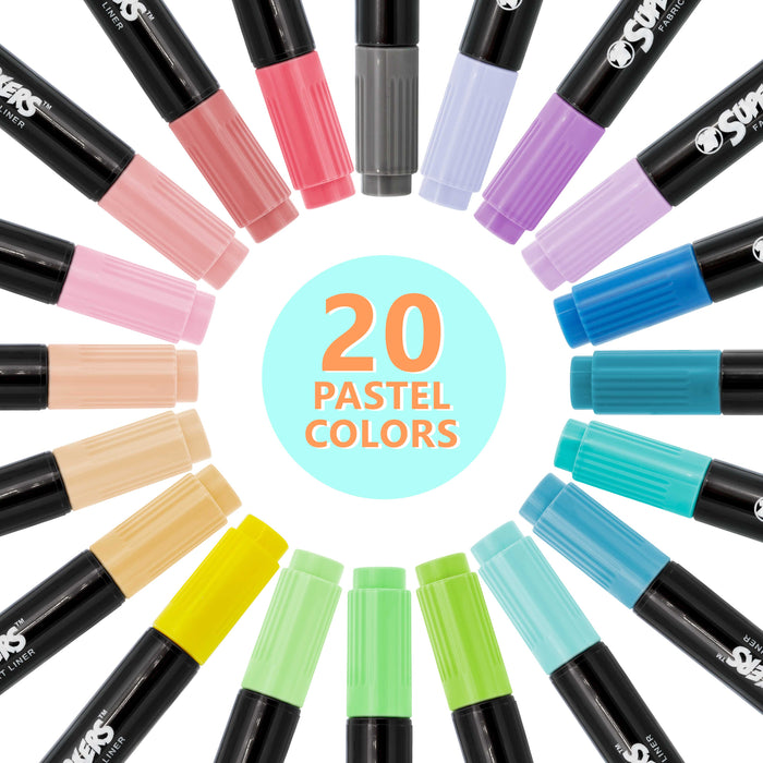 20 Unique Pastel Colors Dual Tip Fabric & T-Shirt Marker Set - Double-Ended Fabric Markers with Chisel Point and Fine Point Tips - Bold Permanent Ink