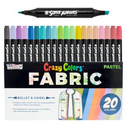 Super Markers 20 Pastel Dual Tip Fabric Markers - Fine & Chisel Point Pens Fabric Marker Permanent for Clothes, T-Shirts - Permanent Ink Eye-Catching Pastel Colors