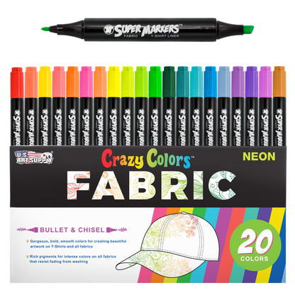 Super Markers 20 Neon Dual Tip Fabric Markers - Fine & Chisel Point Pens Fabric Marker Permanent for Clothes, T-Shirts - Permanent Ink Eye-Catching Ultra-Bright Neon Colors