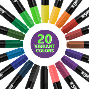 Super Markers 20 Vibrant Dual Tip Fabric Markers - Fine & Chisel Point Pens Fabric Marker Permanent for Clothes, T-Shirts - Permanent Ink Eye-Catching Vibrant & Bold Colors