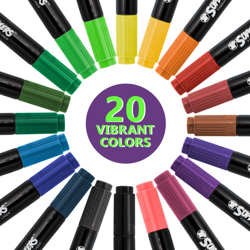 20 Color Dual Tip Fabric & T-Shirt Marker Set-Double-Ended Fabric Markers with Chisel Point and Fine Point Tips