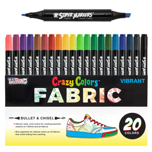 Super Markers 20 Vibrant Dual Tip Fabric Markers - Fine & Chisel Point Pens Fabric Marker Permanent for Clothes, T-Shirts - Permanent Ink Eye-Catching Vibrant & Bold Colors