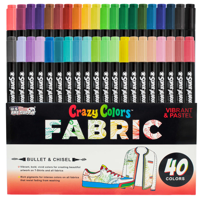 40 Unique Primary & Pastel Colors Dual Tip Fabric & T-Shirt Marker Set - Double-Ended Fabric Markers with Chisel Point and Fine Point Tips Vibrant Ink