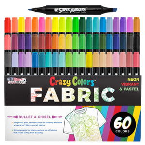 Super Markers 60 Primary, Pastel & Neon Dual Tip Fabric Markers - Fine & Chisel Point Pens Fabric Marker Permanent for Clothes, T-Shirts - Permanent Ink Eye-Catching Colors