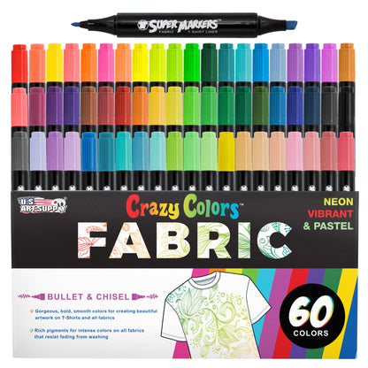 Super Markers 60 Primary, Pastel & Neon Dual Tip Fabric Markers - Fine & Chisel Point Pens Fabric Marker Permanent for Clothes, T-Shirts - Permanent Ink Eye-Catching Colors