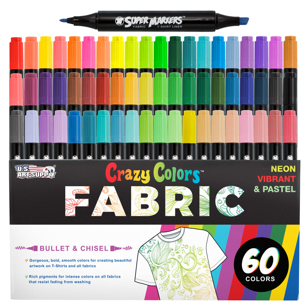 Super Markers 60 Unique Primary, Pastel, Neon Colors Dual Tip Fabric & T-Shirt Marker Set - Double-Ended Fabric Markers with Chisel Point and Fine Point Tips