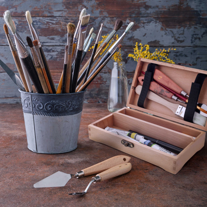 Multi-Function Unfinished Beechwood Artist Tool and Brush Storage Box with Locking Clasps - Protect and Organize and Transport Pencils, Erasers, Tools & Supplies