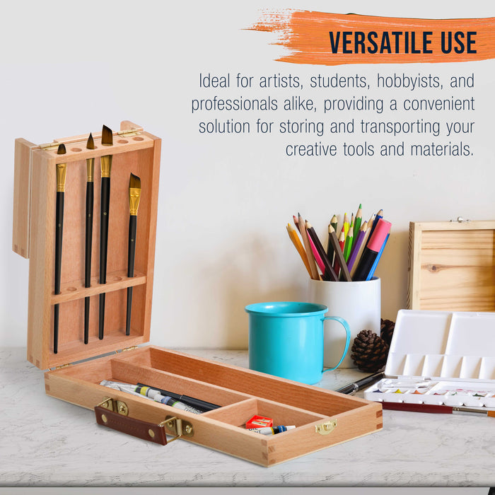 Multi-Function Unfinished Beechwood Flip Opening Artist Tool & Brush Storage Box with Locking Clasps - Organize, Protect & Transport Pencils, Erasers, Tools & Supplies