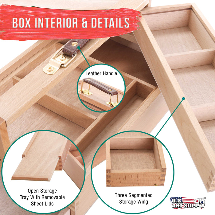 Multi-Function Unfinished Beechwood Artist Tool Storage Box with Drawer & Locking Clasps - Protect and Organize and Transport Paints, Pastels, Pencils, Brushes Tools & Supplies