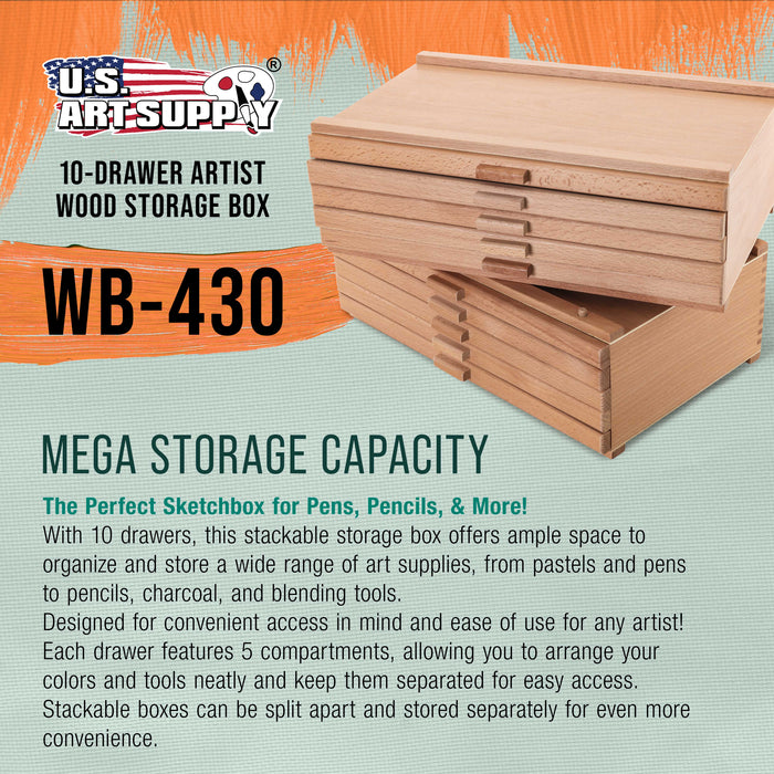 Mega 10-Drawer Stackable Artist Wood Pastel, Pen, Marker Storage Box - Elm Hardwood Construction, 5 Compartments per Drawer - Ideal for Pastels, Pens, Pencils, Charcoal, Blending Tools