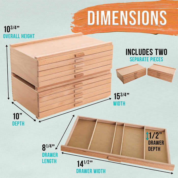 Mega 10-Drawer Stackable Artist Wood Pastel, Pen, Marker Storage Box - Elm Hardwood Construction, 5 Compartments per Drawer - Ideal for Pastels, Pens, Pencils, Charcoal, Blending Tools