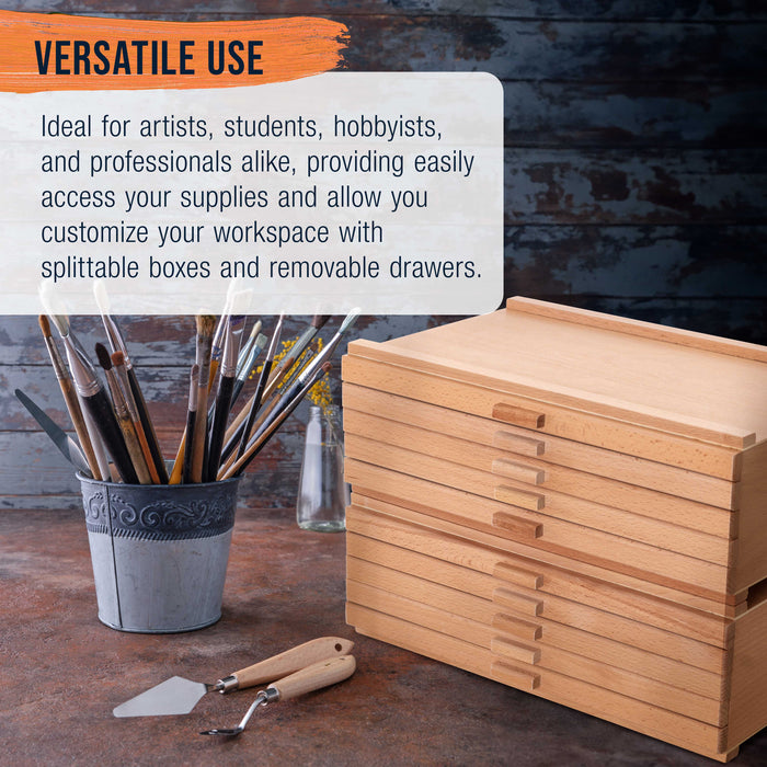 Mega 10-Drawer Stackable Artist Wood Pastel, Pen, Marker Storage Box - Elm Hardwood Construction, 5 Compartments per Drawer - Ideal for Pastels, Pens, Pencils, Charcoal, Blending Tools