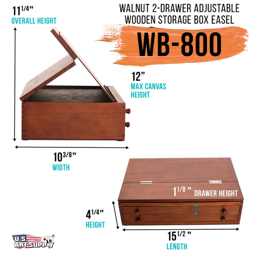 Walnut 2-Drawer Adjustable Wooden Storage Box with Fold Up Solid Drawing Easel