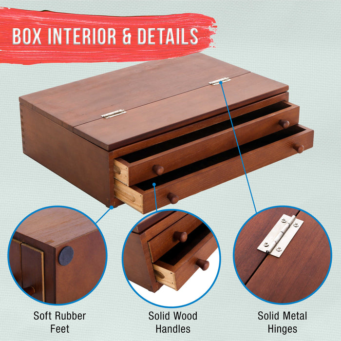 2-Drawer Artist Tool Supply Box with Locking Clasps & Fold-Up Drawing Easel - Walnut Color Art Box for Artist Supplies, Brushes, Pencils, Erasers, Tool Storage Organizer Case