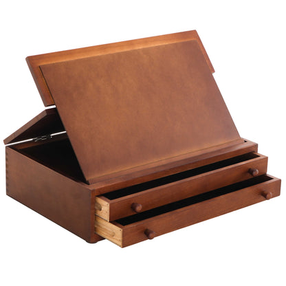 2-Drawer Artist Tool Supply Box with Locking Clasps & Fold-Up Drawing Easel - Walnut Color Art Box for Artist Supplies, Brushes, Pencils, Erasers, Tool Storage Organizer Case