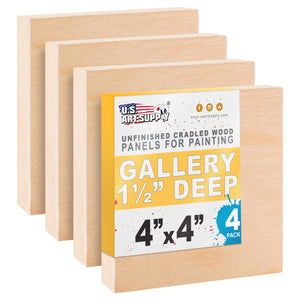 4x4 inch Cradled Wood Panels for Painting, Gallery 1-1/2" Deep (4 Pack) - Artist Depth Wooden Wall Canvases - Mixed-Media Craft, Acrylic, Oil, Encaustic, Paint Pouring