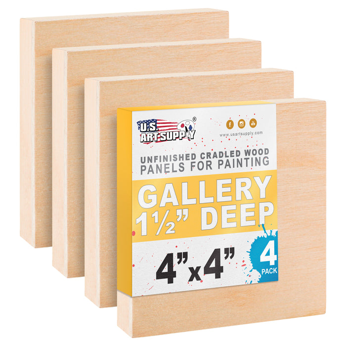4x4 inch Cradled Wood Panels for Painting, Gallery 1-1/2" Deep (4 Pack) - Artist Depth Wooden Wall Canvases - Mixed-Media Craft, Acrylic, Oil, Encaustic, Paint Pouring