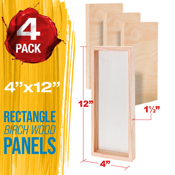 4" x 12" Unfinished Cradled Wood Panels for Painting, Gallery 1-1/2" Deep (4 Pack) - Artist Depth Wooden Wall Canvases - Mixed-Media Craft, Acrylic, Oil, Encaustic, Paint Pouring