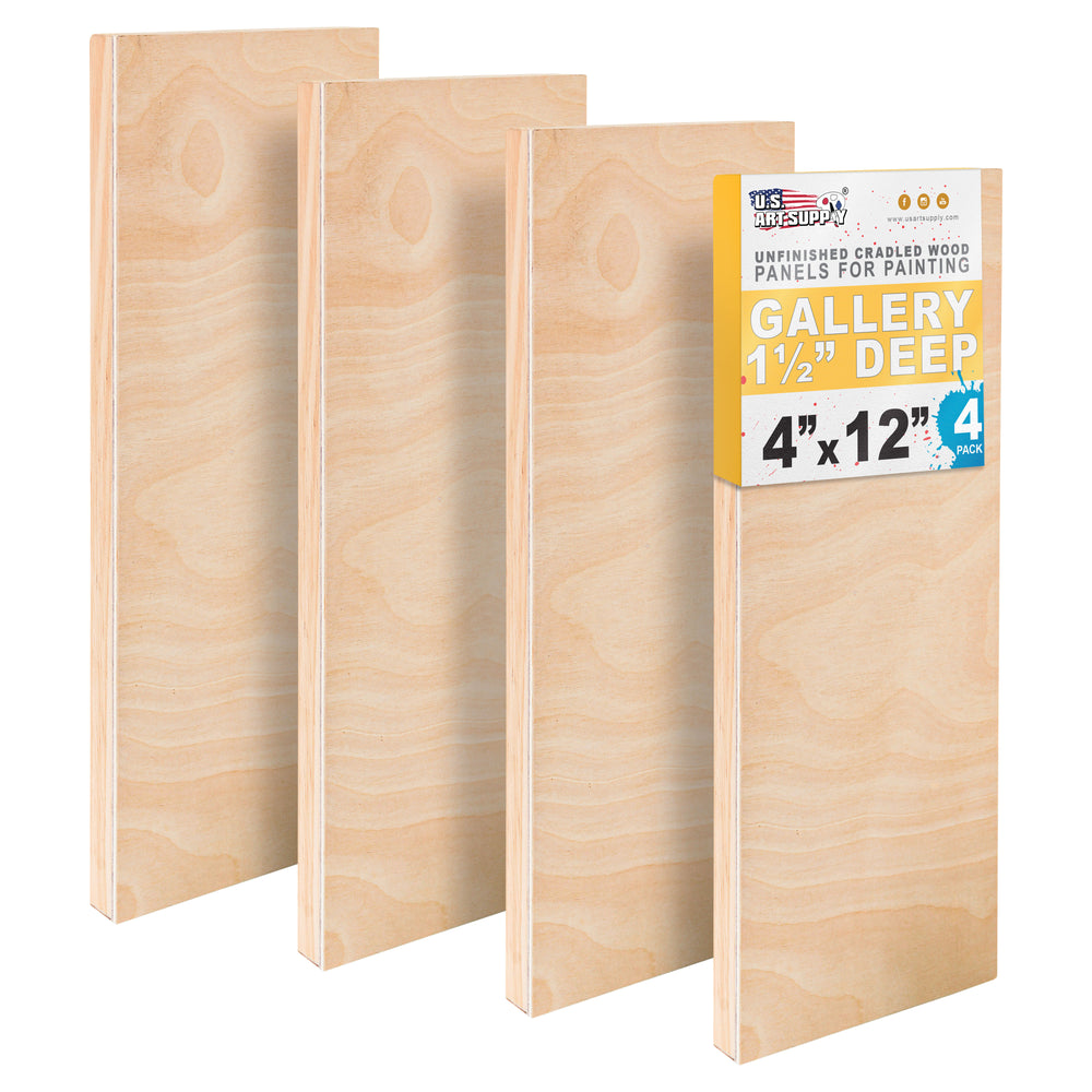 4" x 12" Unfinished Cradled Wood Panels for Painting, Gallery 1-1/2" Deep (4 Pack) - Artist Depth Wooden Wall Canvases - Mixed-Media Craft, Acrylic, Oil, Encaustic, Paint Pouring
