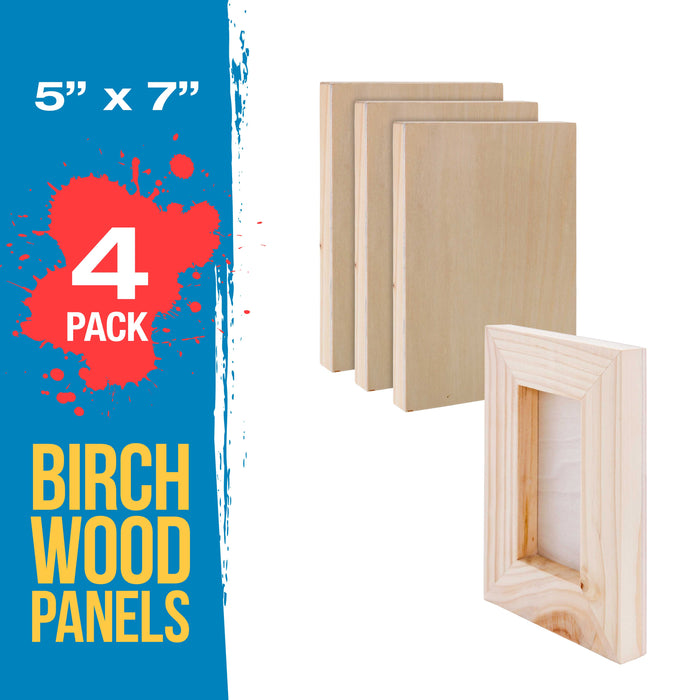 5" x 7" Birch Wood Paint Pouring Panel Boards, Gallery 1-1/2" Deep Cradle (Pack of 4) - Artist Depth Wooden Wall Canvases - Painting, Acrylic, Oil