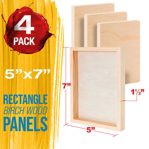 5" x 7" Unfinished Cradled Wood Panels for Painting, Gallery 1-1/2" Deep (4 Pack) - Artist Depth Wooden Wall Canvases - Mixed-Media Craft, Acrylic, Oil, Encaustic, Paint Pouring