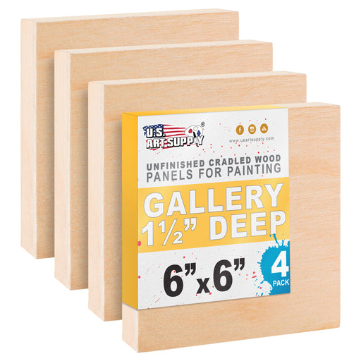 6" x 6" Unfinished Cradled Wood Panels for Painting, Gallery 1-1/2" Deep (4 Pack) - Artist Depth Wooden Wall Canvases - Mixed-Media Craft, Acrylic, Oil, Encaustic, Paint Pouring