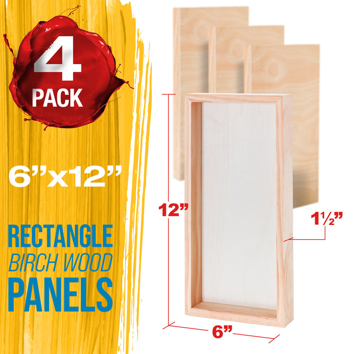 6" x 12" Unfinished Cradled Wood Panels for Painting, Gallery 1-1/2" Deep (4 Pack) - Artist Depth Wooden Wall Canvases - Mixed-Media Craft, Acrylic, Oil, Encaustic, Paint Pouring