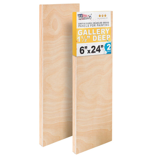 6" x 24" Unfinished Cradled Wood Panels for Painting, Gallery 1-1/2" Deep (2 Pack) - Artist Depth Wooden Wall Canvases - Mixed-Media Craft, Acrylic, Oil, Encaustic, Paint Pouring