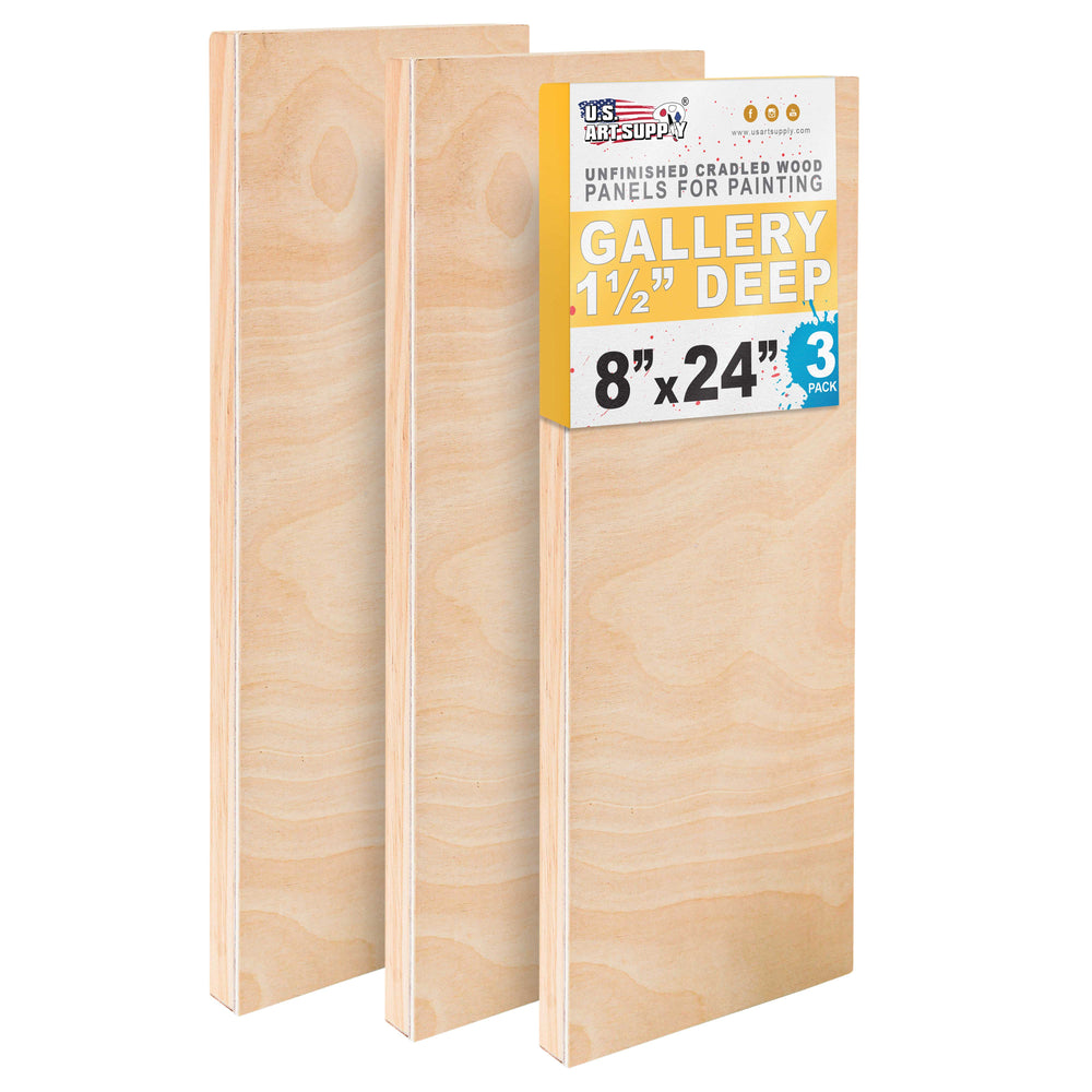 8" x 24" Unfinished Cradled Wood Panels for Painting, Gallery 1-1/2" Deep (3 Pack)- Artist Depth Wooden Wall Canvases - Mixed-Media Craft, Acrylic, Oil, Encaustic, Paint Pouring