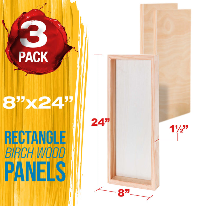 8" x 24" Unfinished Cradled Wood Panels for Painting, Gallery 1-1/2" Deep (3 Pack)- Artist Depth Wooden Wall Canvases - Mixed-Media Craft, Acrylic, Oil, Encaustic, Paint Pouring
