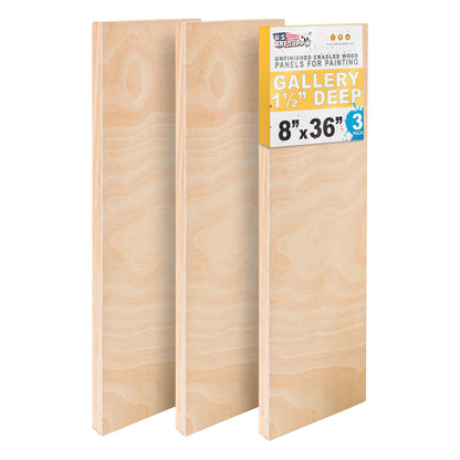 8" x 36" Unfinished Cradled Wood Panels for Painting, Gallery 1-1/2" Deep (3 Pack)- Artist Depth Wooden Wall Canvases - Mixed-Media Craft, Acrylic, Oil, Encaustic, Paint Pouring