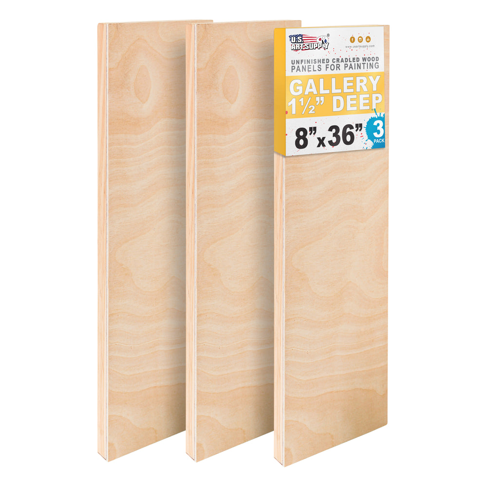 8" x 36" Unfinished Cradled Wood Panels for Painting, Gallery 1-1/2" Deep (3 Pack)- Artist Depth Wooden Wall Canvases - Mixed-Media Craft, Acrylic, Oil, Encaustic, Paint Pouring